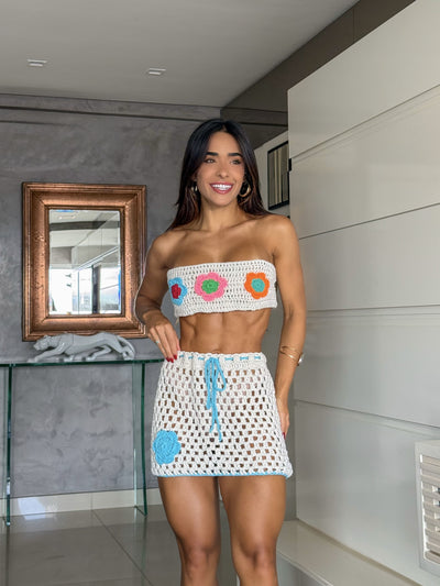 Conjunto Crochê Top + Saia Flores Lisbella