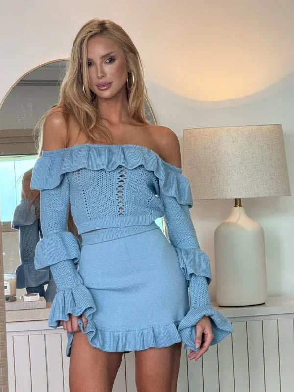 Conjunto Tricot Modal Babados Saia + Cropped Mirelle Azul Bebê