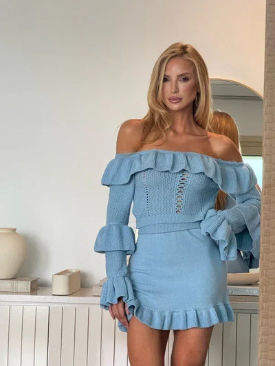 Conjunto Tricot Modal Babados Saia + Cropped Mirelle Azul Bebê