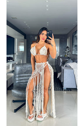 Conjunto Crochê Saia Longa Monique Off White - Ateliê Tricot