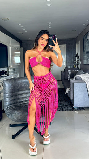 Conjunto tricot crochê saia com franjas Paolla - Ateliê Tricot