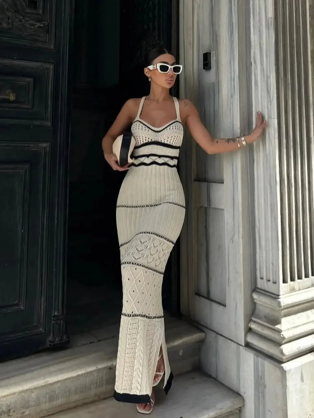 Striped Elegant Knit Crochet Dress