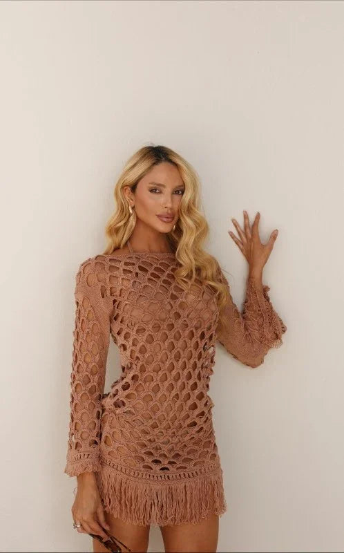 Saída de Praia Tricot Rendada Com Franjas