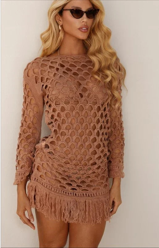 Saída de Praia Tricot Rendada Com Franjas