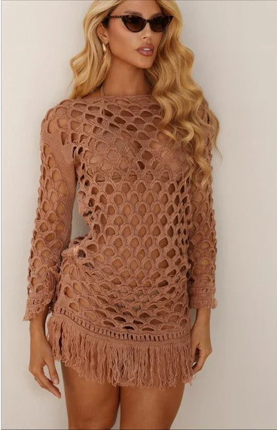 Saída de Praia Tricot Rendada Com Franjas