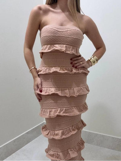 Vestido Longo Tricot Babados Viviane Bege