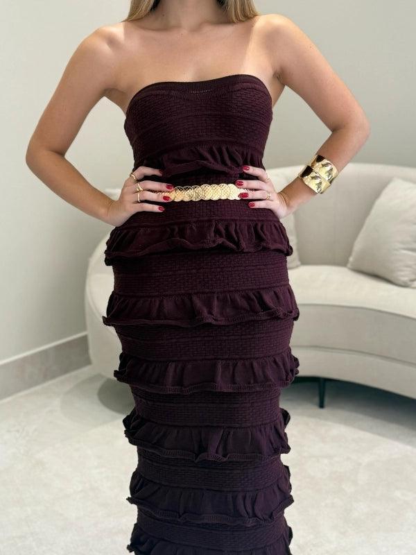 Vestido Longo Tricot Babados Viviane Bege