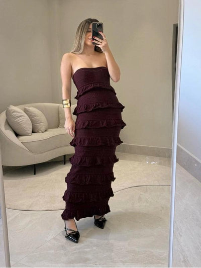 Vestido Longo Tricot Babados Viviane Bege