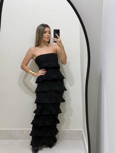 Vestido Longo Tricot Babados Viviane Bege
