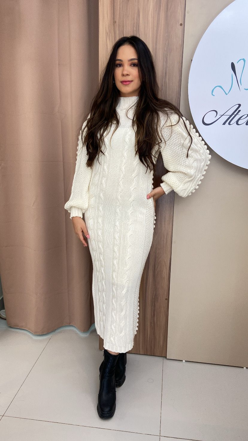 Vestido Longo Tricot Modal Trançado Fabiola Off White