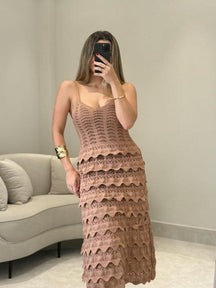 Vestido Tricot com Babados Fiuza Bege