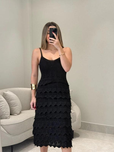 Vestido Tricot com Babados Fiuza Preto