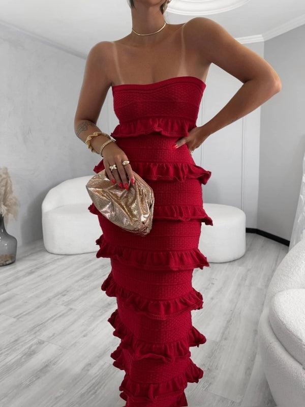 Vestido Longo Tricot Babados Viviane Bege