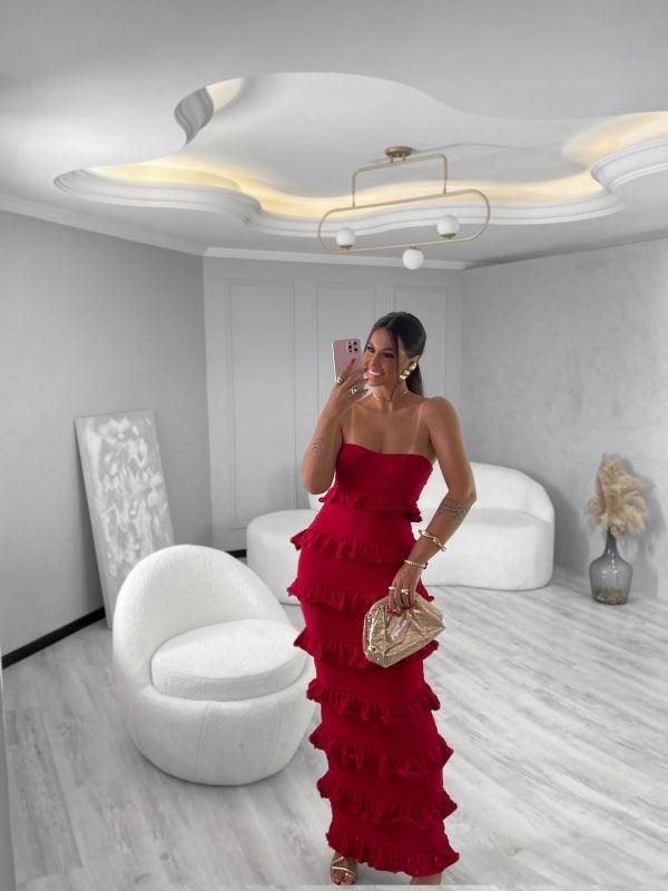 Vestido Longo Tricot Babados Viviane Bege
