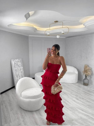 Vestido Longo Tricot Babados Viviane Bege