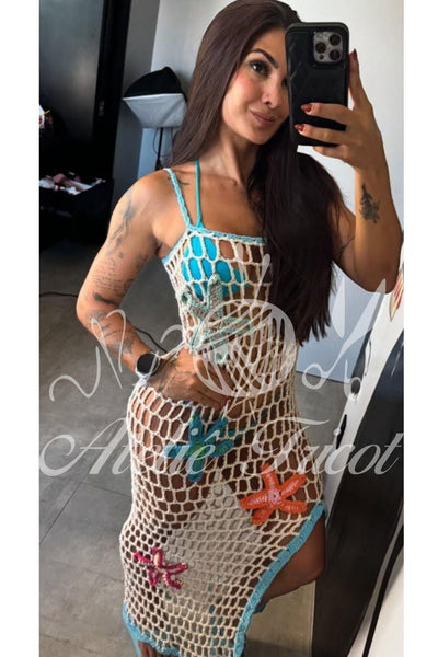 Vestido Longo em Crochê Mar do Caribe - Azul - Ateliê Tricot