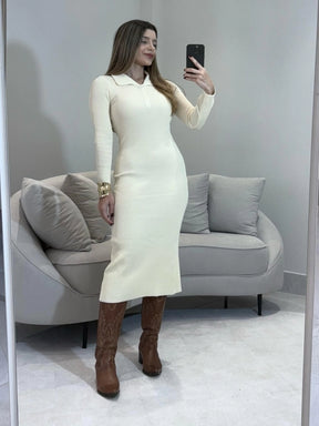 Vestido Tricot Modal Gola Polo Pérola